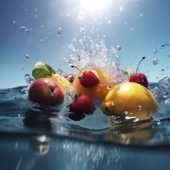 concept fresh food clean strawberry organic fruit vegetable green drop delicious citrus apple healthy background vitamin yellow water bubble isolated sweet. Generative AI.