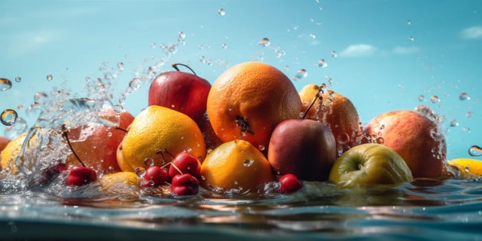 water food vitamin agriculture nature drop juicy healthy strawberry lemon natural kiwi fresh vegetarian orange grape green background fruit isolated splash. Generative AI.