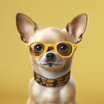 dog mammal glasses space puppy pet background canine yellow little animal purebred cute smart looking concept chihuahua student portrait copy wear cool. Generative AI.