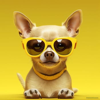 dog doggy puppy mammal young cute breed pet chihuahua glasses white collar portrait tie funny yellow background goggles animal domestic friend. Generative AI.