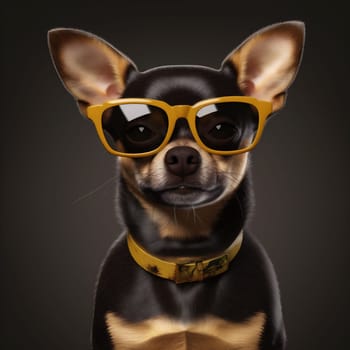 chihuahua dog puppy studio sunglasses pet space cute collar background glasses portrait copy breed smart animal happy little concept yellow isolated doggy. Generative AI.