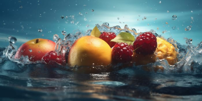 fresh water vitamin organic background strawberry natural red green diet healthy berry orange fruit kiwi isolated drop wave food banana sweet. Generative AI.
