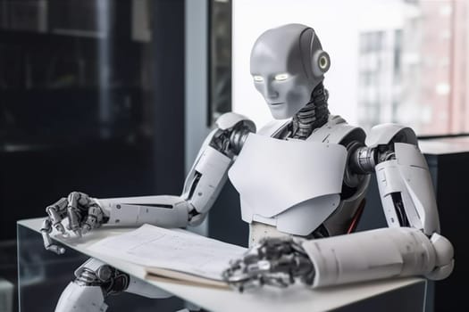 cyberspace intelligence finance robot ai robotic page digital laptop paper paperwork arm artificial office document web communication hand technology cyber. Generative AI.