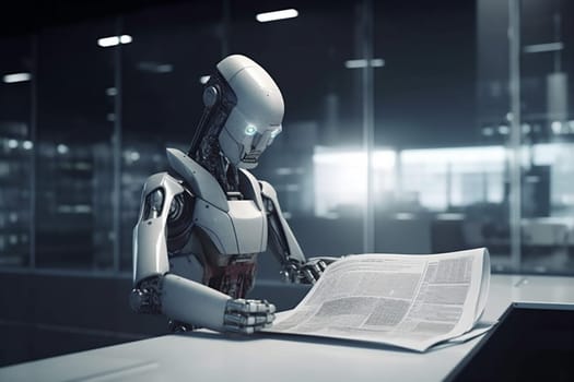 office page laptop ai intelligence finance automation write generative device document artificial robot paper hand cyber modern digital technology cyberspace. Generative AI.