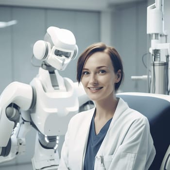 Portrait, doctor and robot in clinic for future of healthcare with innovation, smile and ai generated. Woman, happy medic or robotic assistant in hospital for automation technology by medical machine.