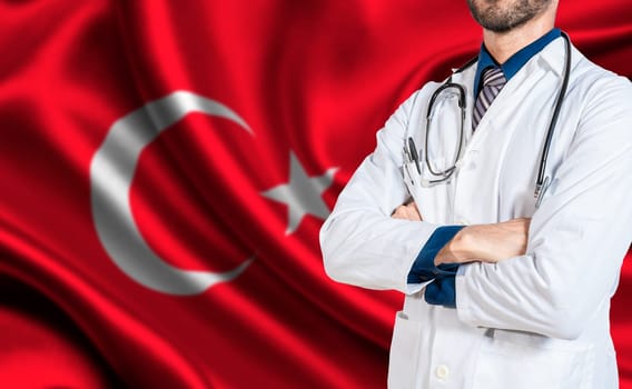 Health and care with the flag of Turkey. Turkish national health concept, Doctor with stethoscope on turkey flag