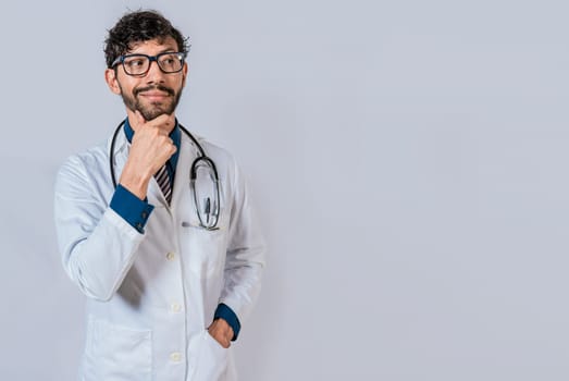 Pensive doctor man looking side isolated. Young doctor thinking and looking side isolated, Doctor thinking with hand on chin