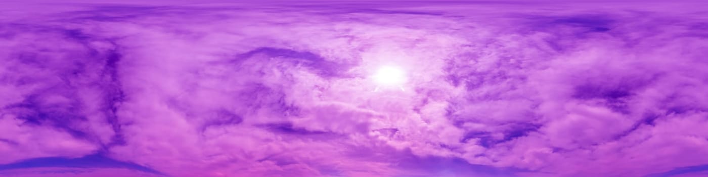 Blue magenta sky panorama with Cirrus clouds in Seamless spherical equirectangular format. Full zenith for use in 3D graphics, game and editing aerial drone 360 degree panoramas for sky replacement.