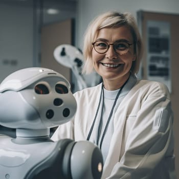 Elderly doctor, robot and hospital for future of healthcare with smile, automation and development in lab. Woman medic, robotic assistant and ai generated portrait in clinic for research innovation.