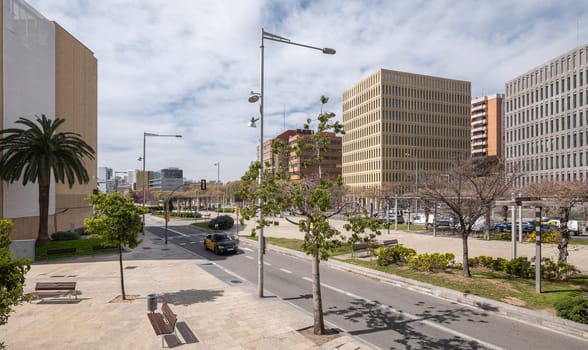 Comfortable new area in a European city with high-rise buildings and developed infrastructure and a good climate on a sunny warm summer day. The concept of new city blocks.