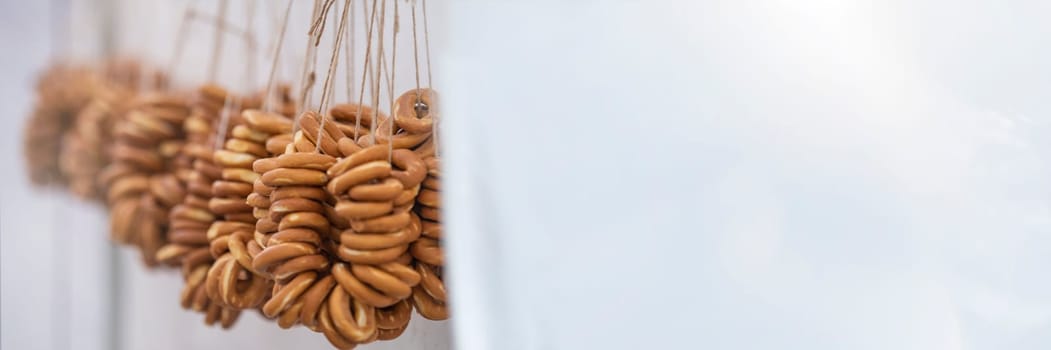 A bundle of dry ring-shaped cookies. Russian traditional cookies. High quality photo.