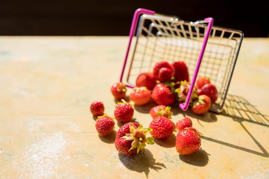 Fresh red fruit and berries - cherries, peaches and strawberries - in supermarket cart tray on black background. Copy space