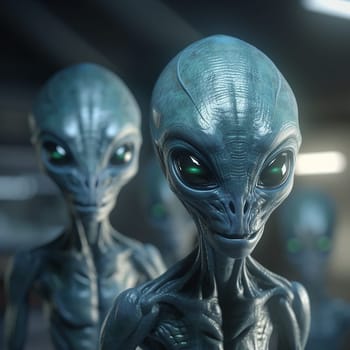 Alien attack or abduction or in a UFO space ship, visitor or scary world or universe with invasion, technology and martians. A close up or portrait of aliens for horror, strange and special effects