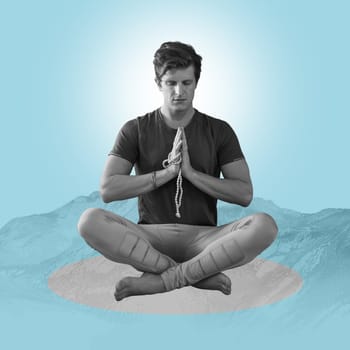 Zen, meditation and man on poster, mountain on blue background and yoga pose in balance. Art, advertising and creative collage design for health, wellness and calm, spiritual lifestyle studio mock up.