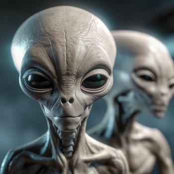 Alien attack or abduction or in a UFO space ship, visitor or scary world or universe with invasion, technology and martians. A close up or portrait of aliens for horror, strange and special effects