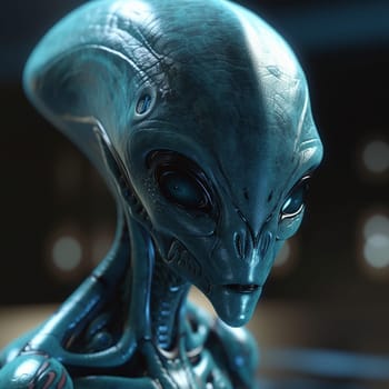 Alien attack or abduction or in a UFO space ship, visitor or scary world or universe with invasion, technology and martians. A close up or portrait of aliens for horror, strange and special effects