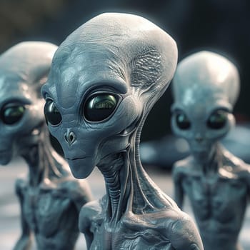 Alien attack or abduction or in a UFO space ship, visitor or scary world or universe with invasion, technology and martians. A close up or portrait of aliens for horror, strange and special effects