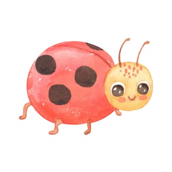 Cute smiling character ladybug isolated on white background. Funny insect for children. Watercolor cartoon illustration