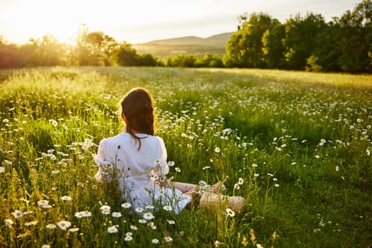 a red-haired woman in a light dress sits in a chamomile field at sunset and admires the passing day. High quality photo