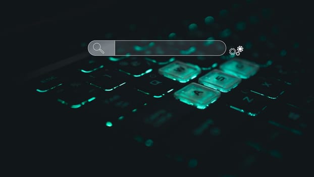Keyboard and icons for searching. Represents the concept of searching for information from computer networks. search engine concept