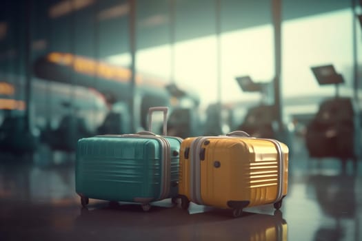 floor suitcase trip aeroplane travel indoor waiting terminal bag departure airplane summer transportation business baggage airport flight fly air holiday. Generative AI.
