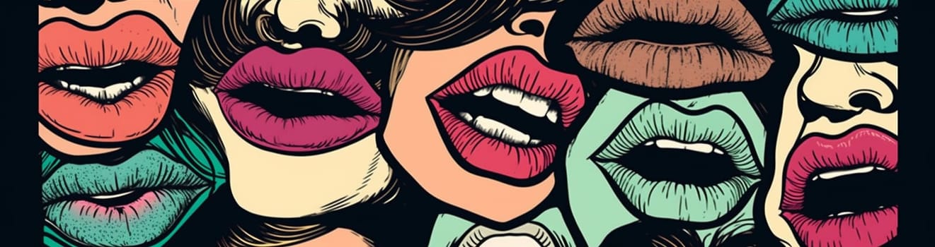 pop woman female illustration poster beautiful sticker love passion kiss lips teeth art glossy abstract halftone lipstick mouth pattern crazy. Generative AI.