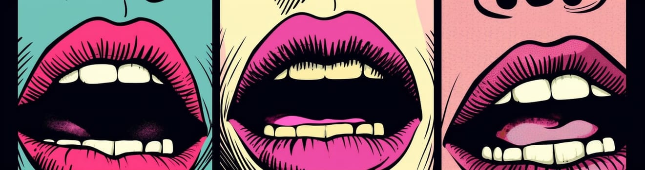 female woman sensual abstract lipstick art graphic beautiful halftone fashion face make-up pattern lips closeup mouth shape kiss illustration pop poster. Generative AI.