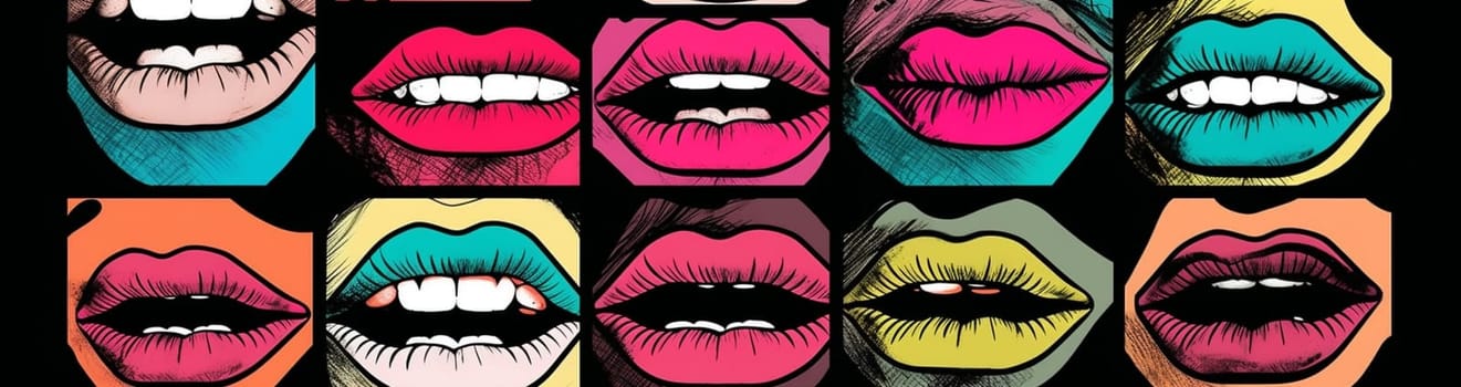 woman art poster pattern shape collage mouth lips female abstract style lipstick cartoon glamour sticker halftone love illustration kiss isolated . Generative AI.