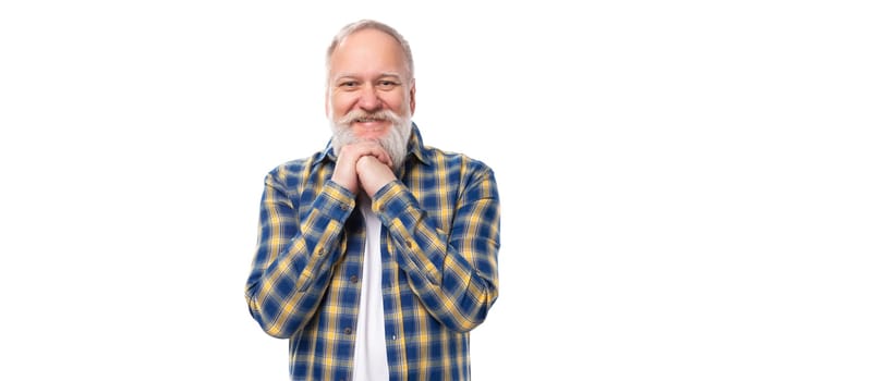 smiling kind 50s mid aged gray-haired man with a beard in a shirt on a white background.