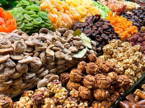 Wide range of sweets at the Grand Bazaar in Istanbul, Turkey. The historical market is a popular tourist destination and one of oldest markets in the world.