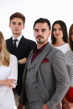 Group of smiling people stand in office looking in camera portrait. White collar power mediation solution project creative advisor participation profession train bank lawyer client visit concept