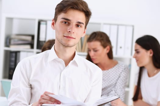 Handsome smiling businessman in suit portrait at workplace look in camera. White collar worker at workspace exchange market job offer certified public accountant internal revenue officer concept