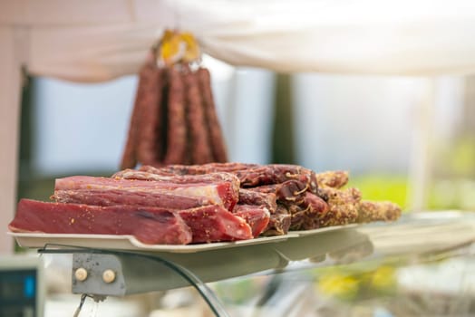 The ribs lie on the counter on top of each other. Meat factory. High quality photo