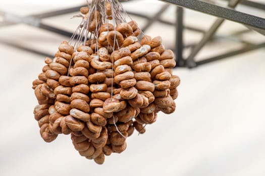 A bundle of dry ring-shaped cookies. Russian traditional cookies. High quality photo.