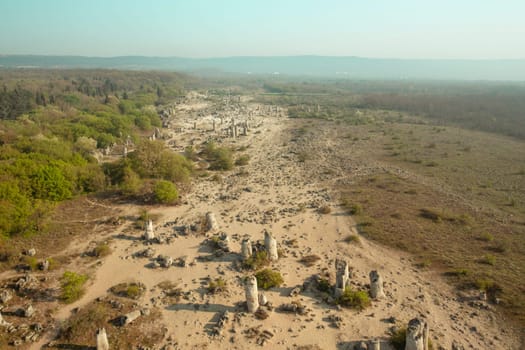 Aerial drone view magical place Stone Forest similar to Stonehenge in Bulgaria, mindfulness concept