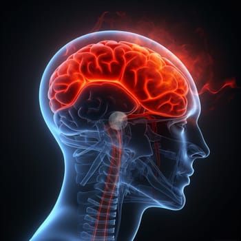 man blue organ head brain ache physiology illustration red system x-ray headache pain view human science inside medical anatomy medicine. Generative AI.