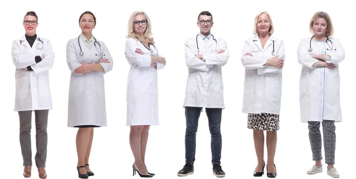 group of doctors in full length isolated on white background