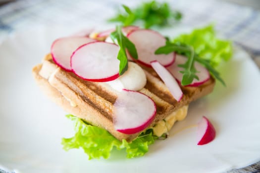 Hot sandwich of fried toast stuffed with cheese, herbs and radishes in a bowl on the table