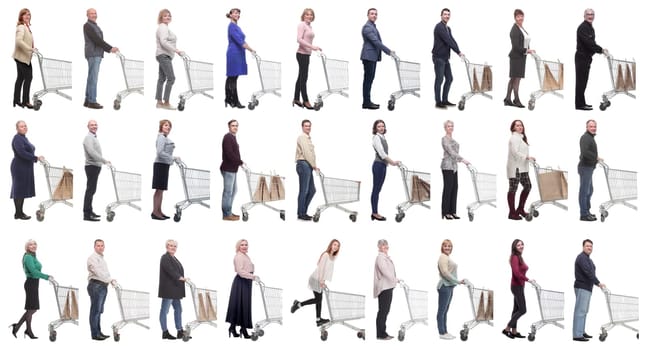 group of people with cart looking at camera isolated on white background