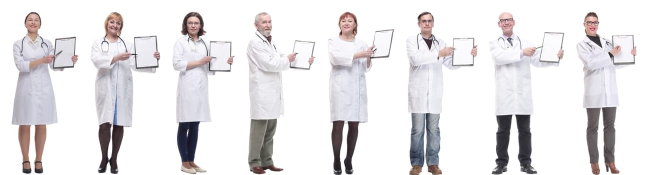 full length group of doctors with notepad isolated on white background