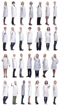 group of doctors holding jar isolated on white background