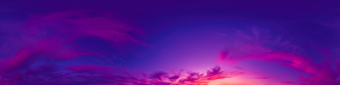 Blue sky panorama with magenta Cirrus clouds in Seamless spherical equirectangular format. Climate and weather change