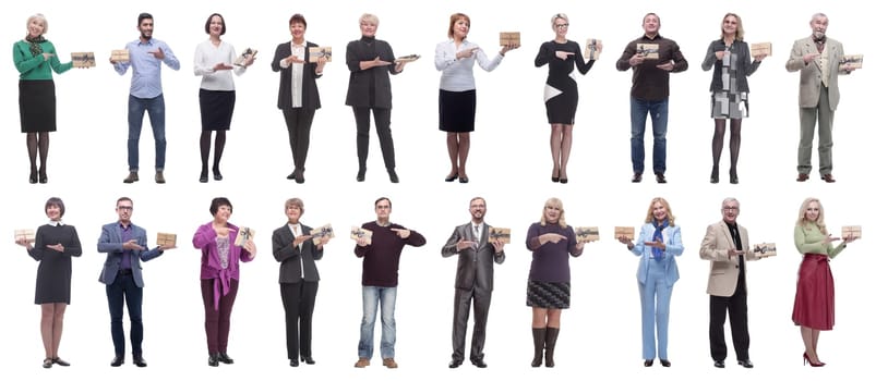 group of happy people with gifts in their hands isolated on white background