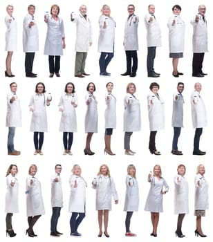 group of doctors holding jar isolated on white background