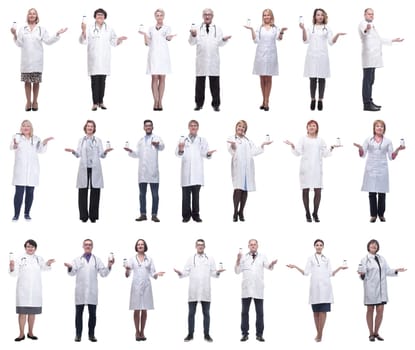 group of doctors holding jar isolated on white background