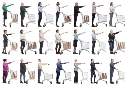 a group of people with a shopping cart point their fingers in front of them on a white background