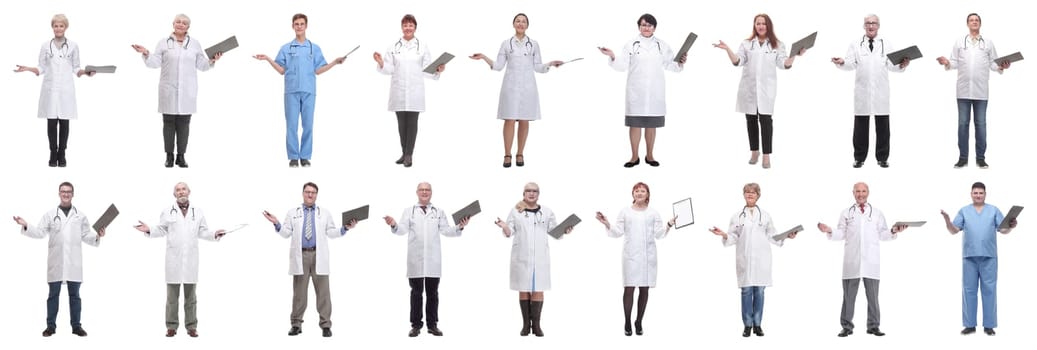 full length group of doctors with notepad isolated on white background