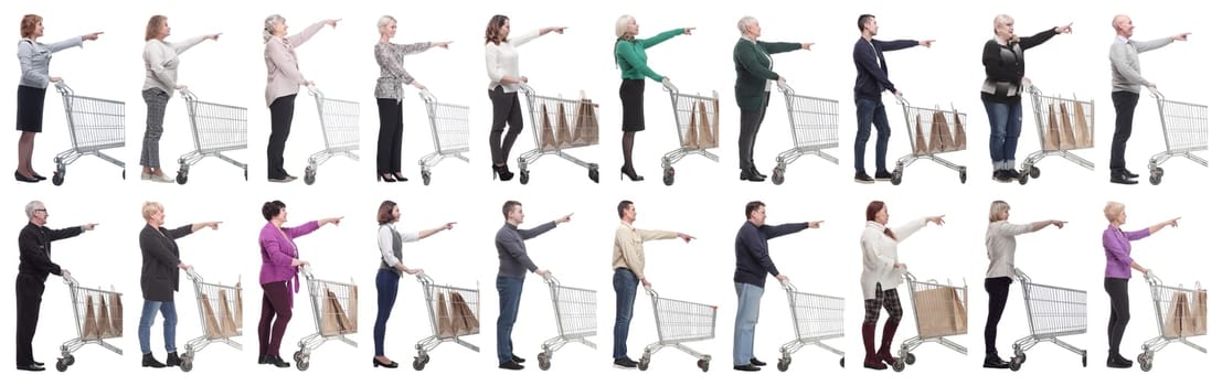 a group of people with a shopping cart point their fingers in front of them on a white background