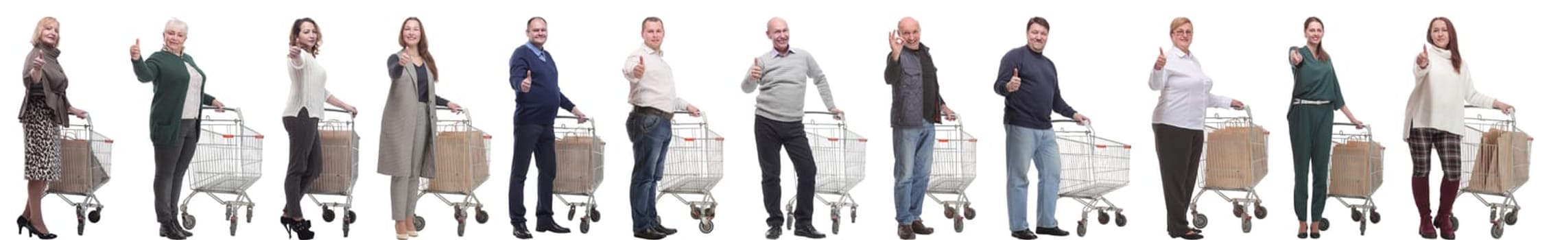 group of people with cart showing thumbs up isolated on white background