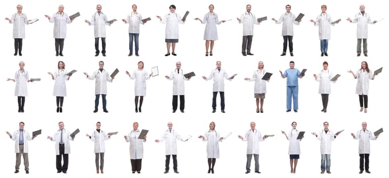 full length group of doctors with notepad isolated on white background